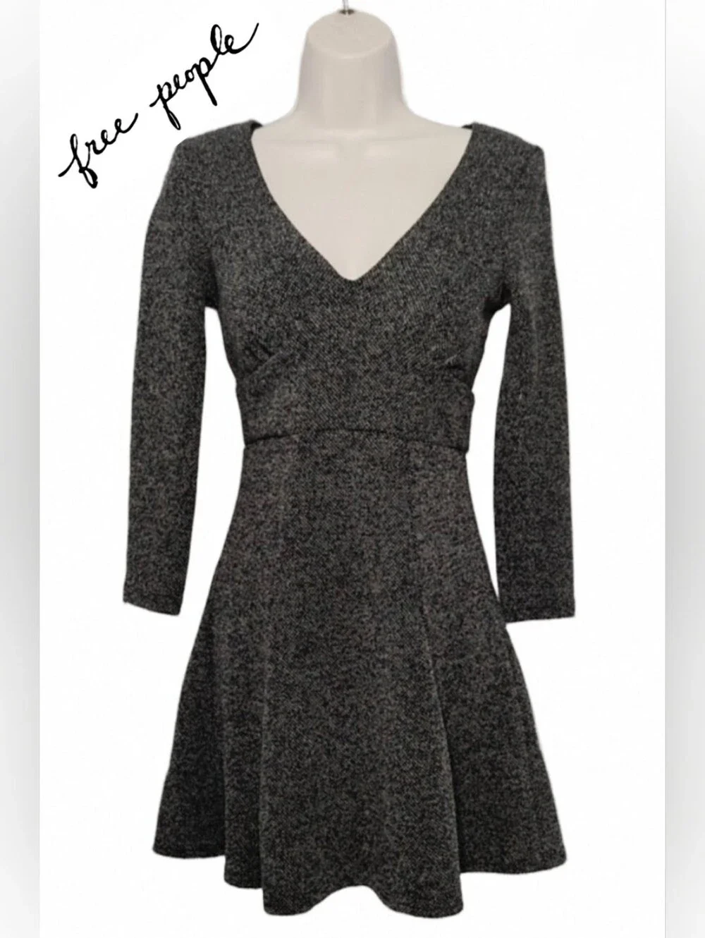 Free People Showstopper Black White Tweed Look Open Keyhole Back Skater Dress XS